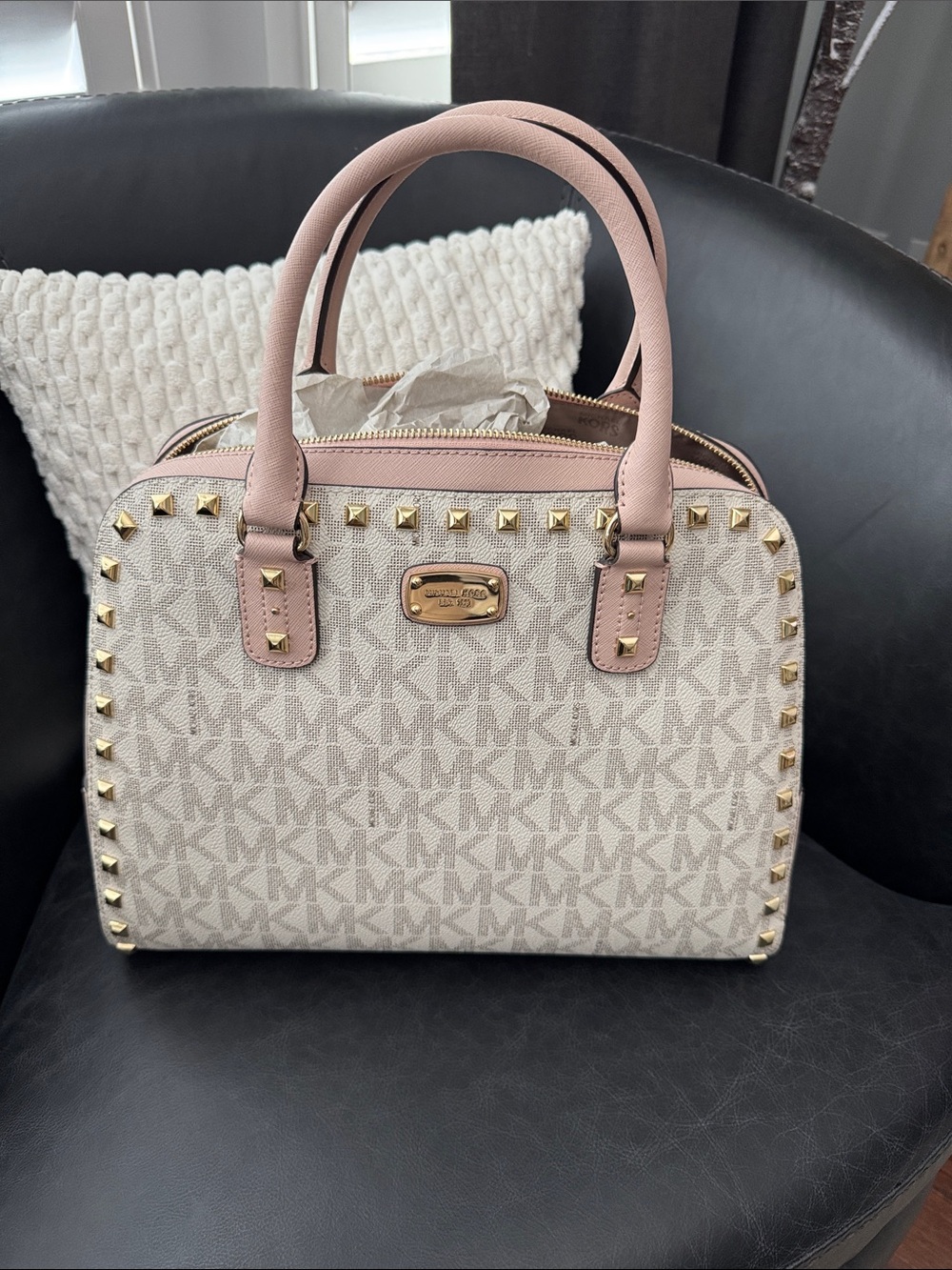 Michael Kors Beige Logo Satchel with Pale Pink Trim and Gold Studs NWT
